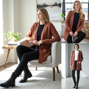 CYRUS Ribbed Open Long Line Knit Cardigan Front Patch  Pockets Long Sleeve